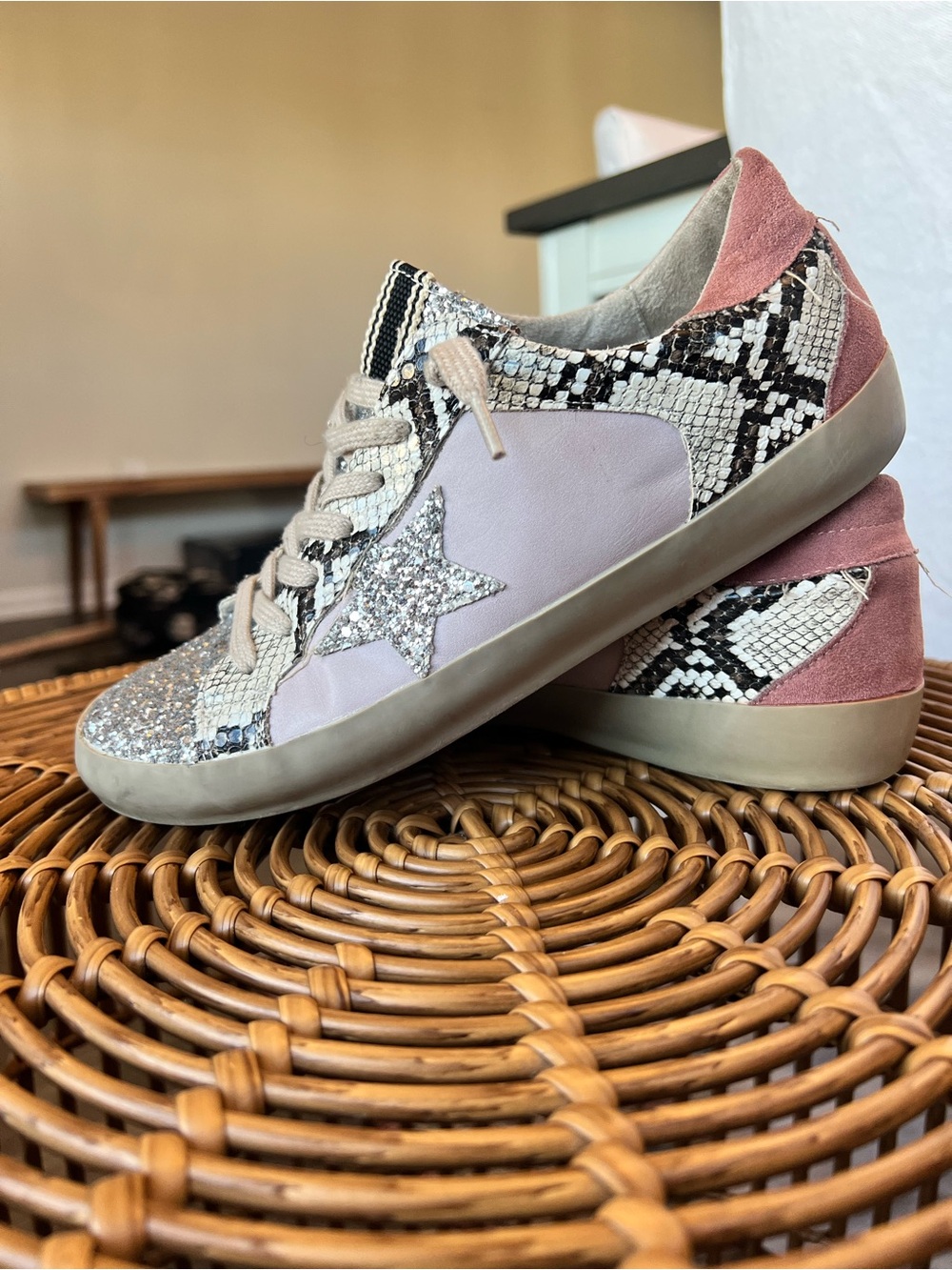 Shu shop Paula Mixed-Material Low-Top Lace-Up Sneakers with Glitter Star Accent